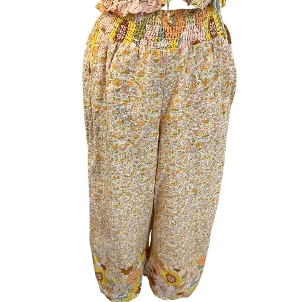 American Eagle Yellow Cotton Linen Floral 2 Piece Set Crop Top Wide Leg Pants XS - Picture 11 of 13